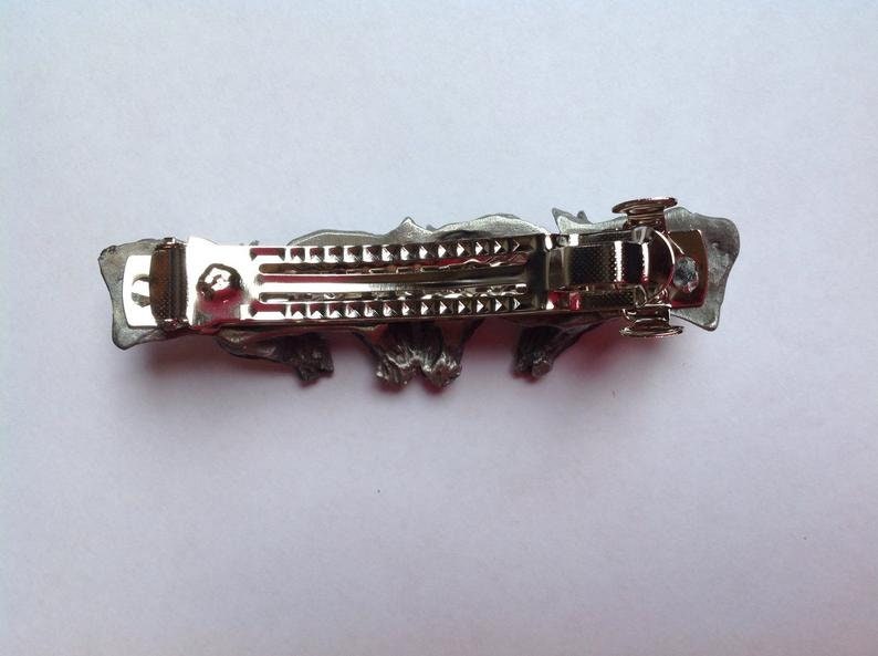 Hunter Jumper Jumping horse jewelry barrette satin pewter, French clip Zimmer