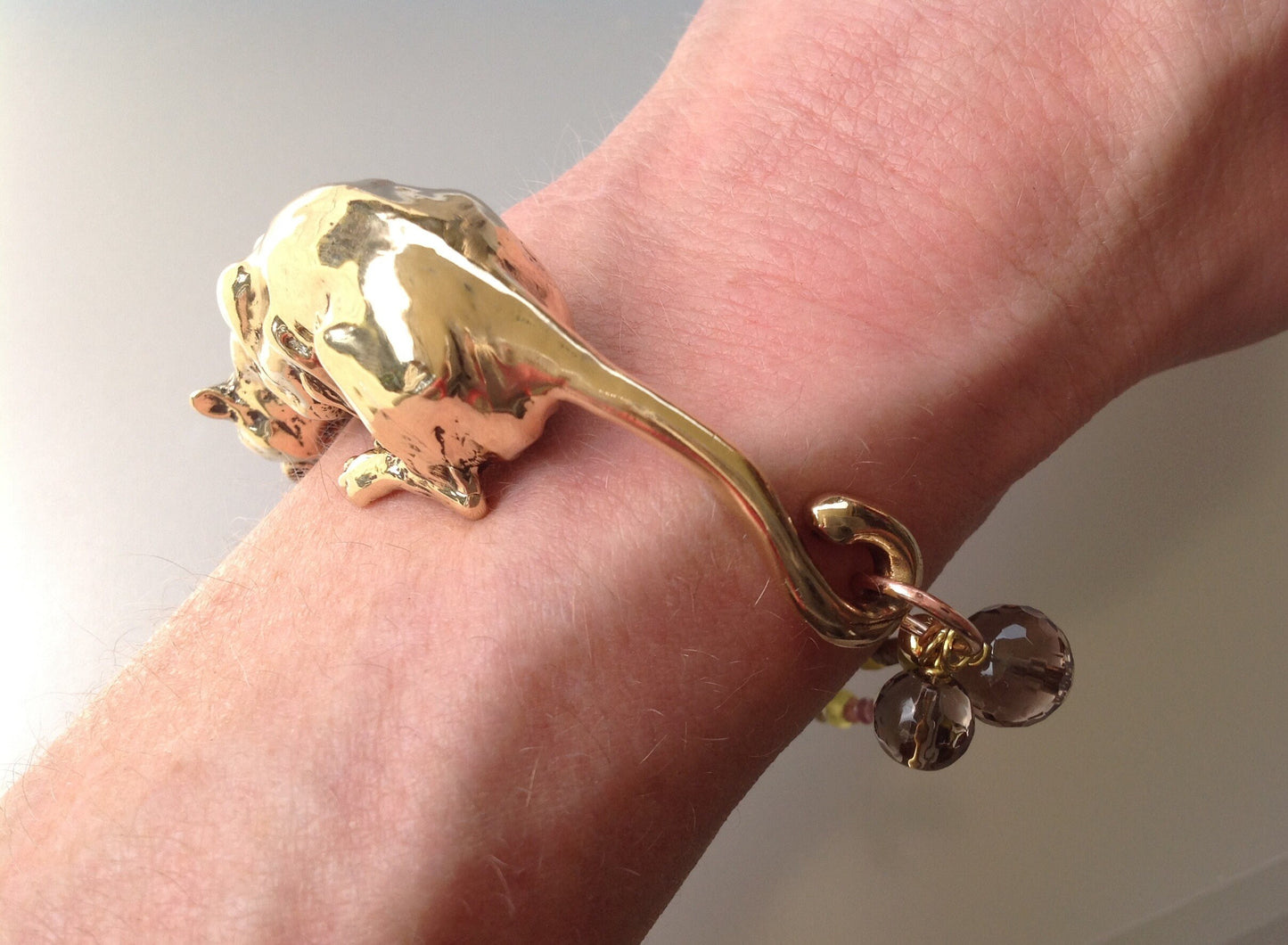 Bronze crouching  Cougar Jaguar Leopard Cat stone eyes Tourmaline gemstone beads sculpture bracelet artist original.