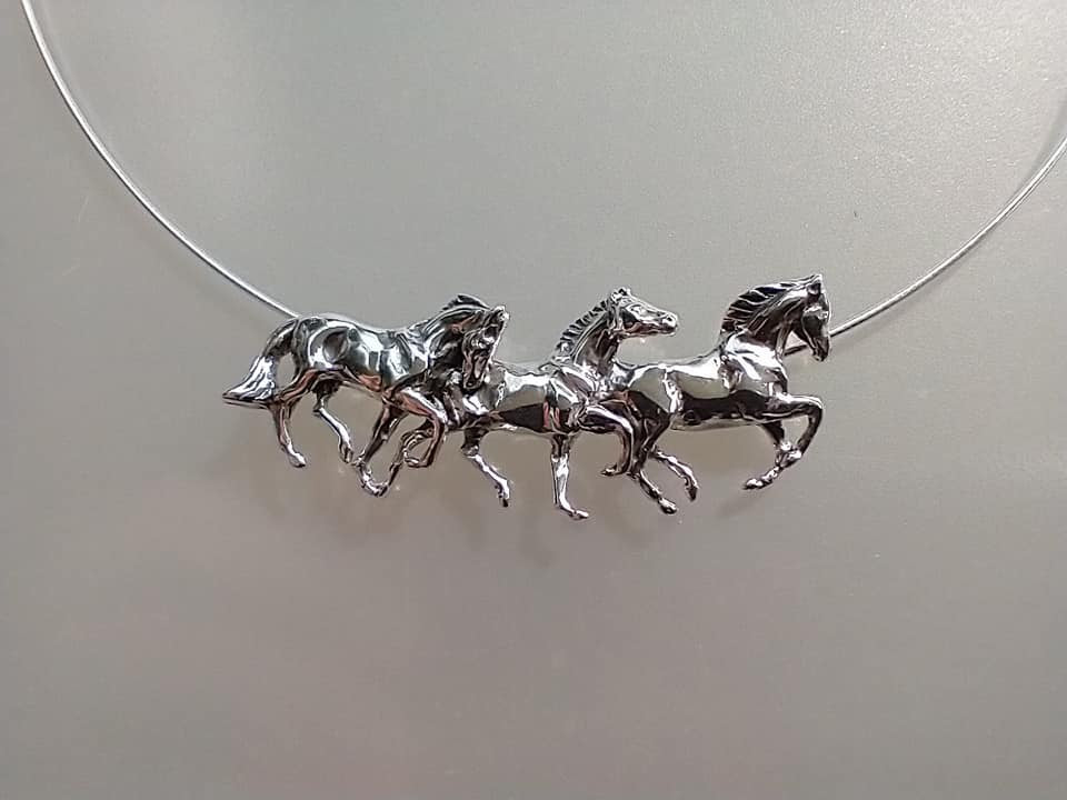Sterling Silver Running Horses necklace Omega chain.  Signed Original. Zimmer equestrian jewelry
