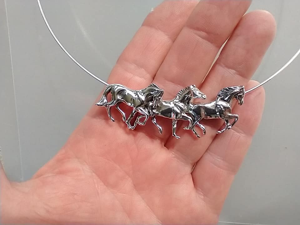 Sterling Silver Running Horses necklace Omega chain.  Signed Original. Zimmer equestrian jewelry