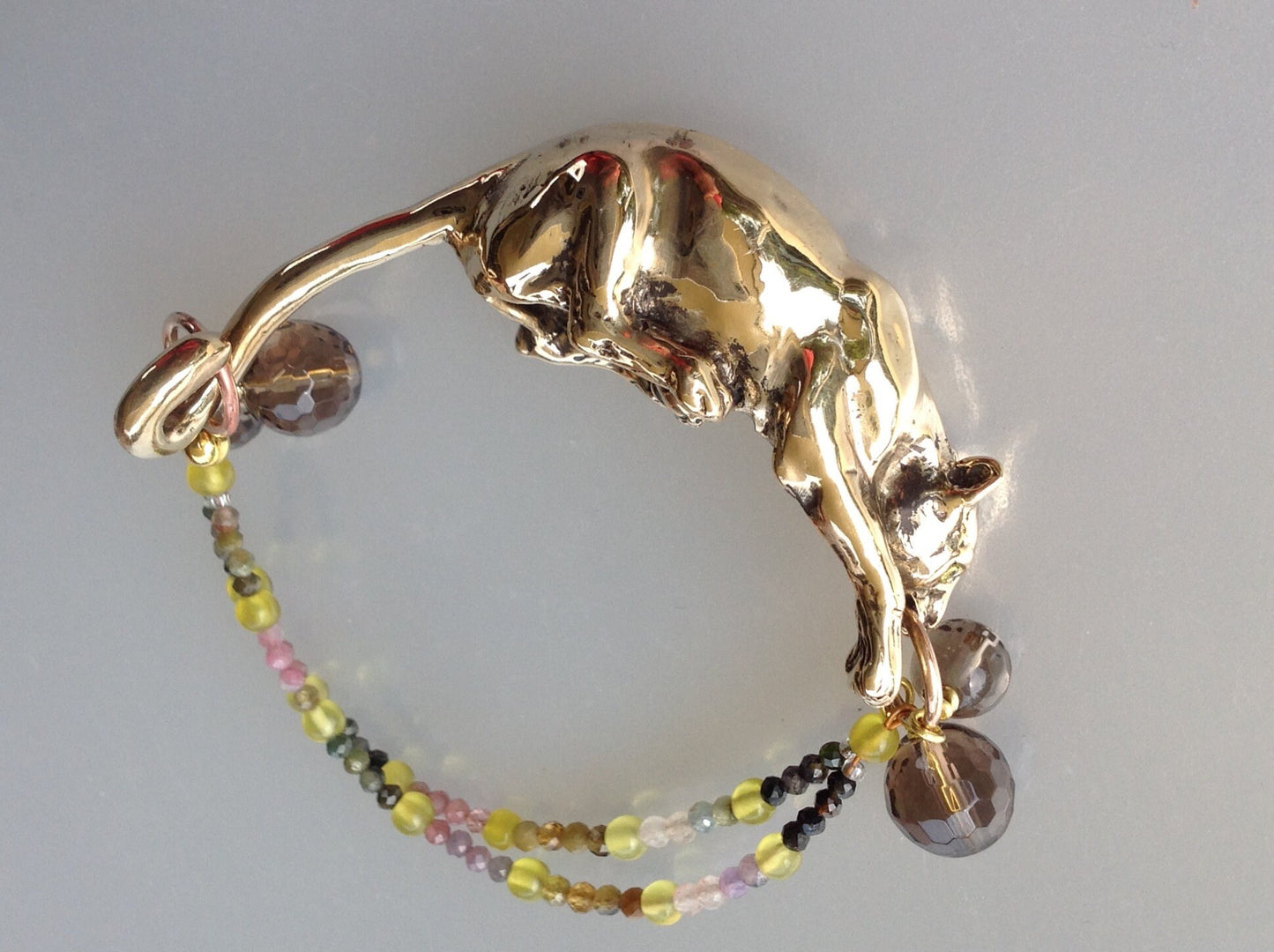 Bronze crouching  Cougar Jaguar Leopard Cat stone eyes Tourmaline gemstone beads sculpture bracelet artist original.