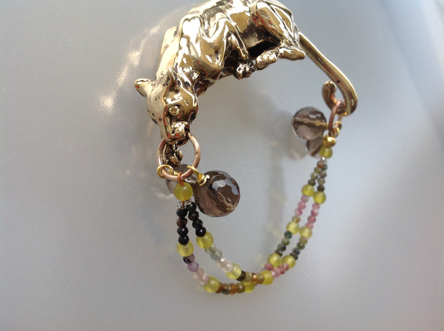 Bronze crouching  Cougar Jaguar Leopard Cat stone eyes Tourmaline gemstone beads sculpture bracelet artist original.