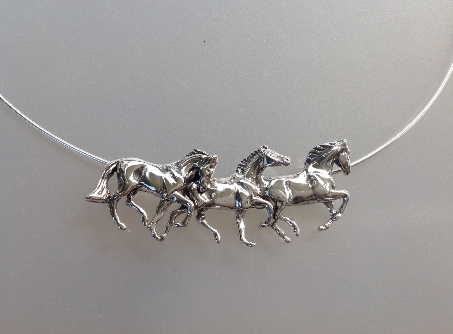 Sterling Silver Running Horses necklace Omega chain.  Signed Original. Zimmer equestrian jewelry