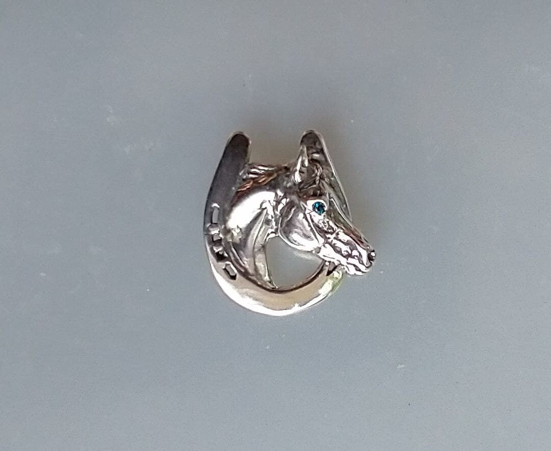 Horse in horseshoe  pendant with stone eye & chain  sterling silver  Forge Hill Sculpture jewelry