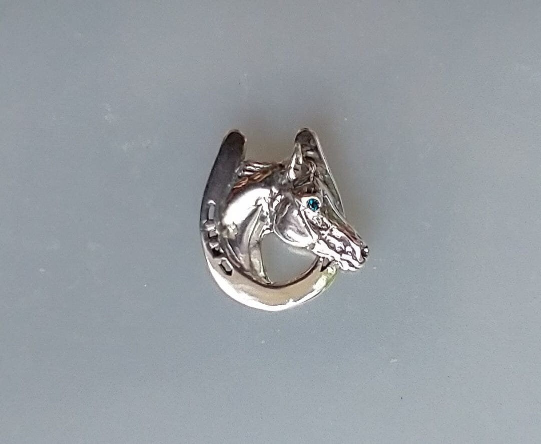 Horse in horseshoe  pendant with stone eye & chain  sterling silver  Forge Hill Sculpture jewelry