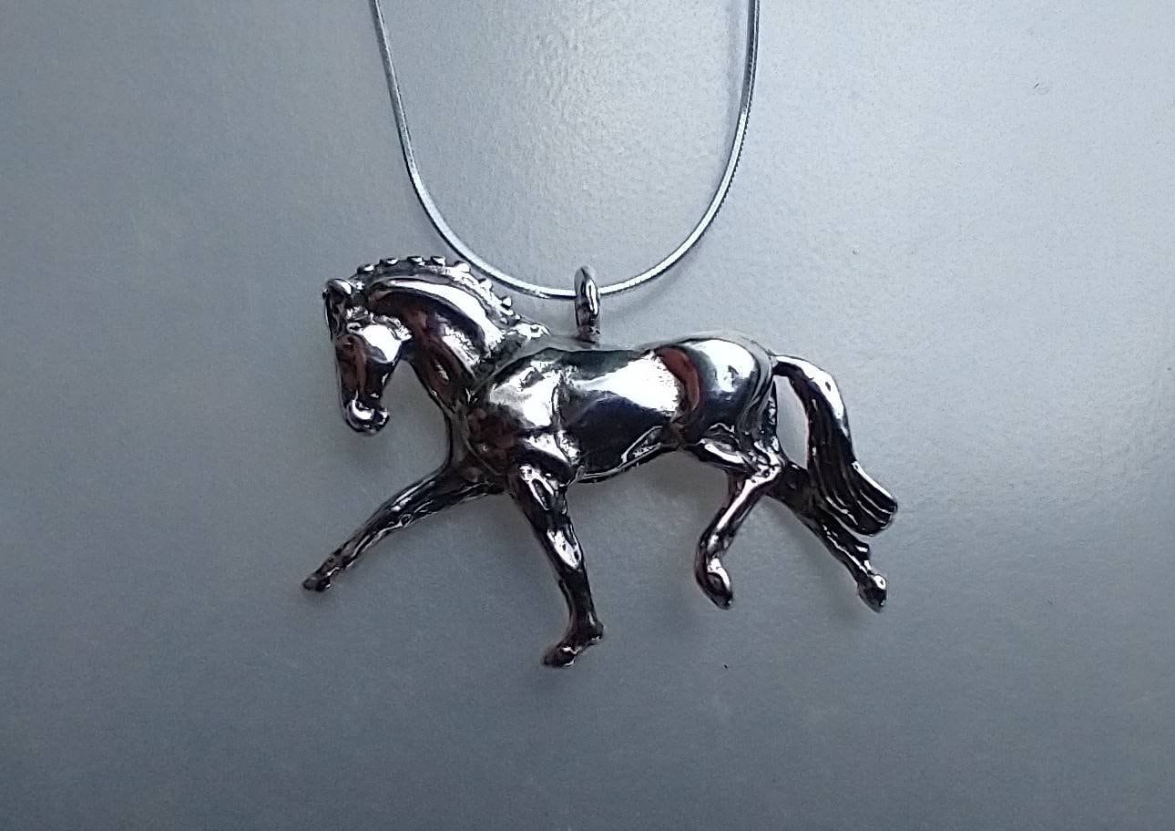 Horse Jewelry dressage extended trot sterling silver. Large pendant and chain Zimmer  Best Prices on Silver Horses