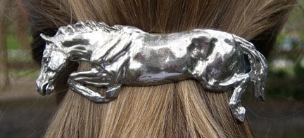 Jumping horse barrette lead free pewter sculpture, scarf clip Forge Hill Sculpture