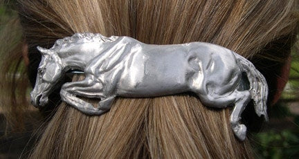 Hunter Jumper Jumping horse jewelry barrette satin pewter, French clip Zimmer