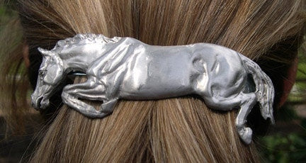 Hunter Jumper Jumping horse jewelry barrette satin pewter, French clip  Zimmer