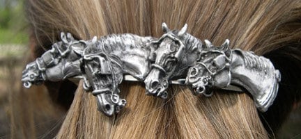 Driving horses with harness barrette  pewter hair or scarf clip. Forge Hill Sculpture Jewelry Zimmer