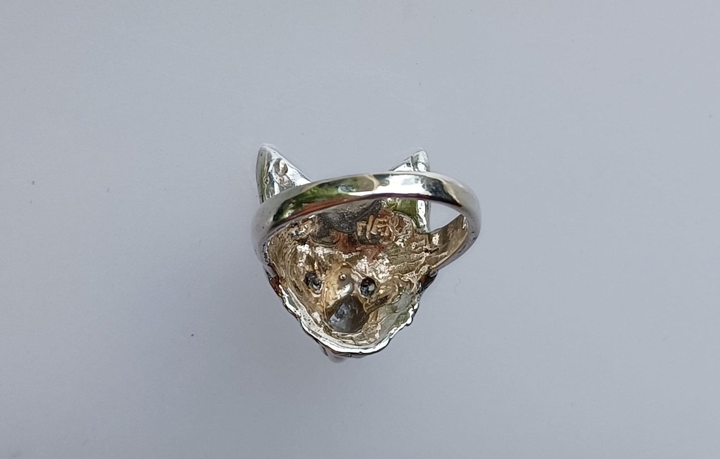Fox mask ring size 7 sterling silver Peridot stone eyes  Zimmer