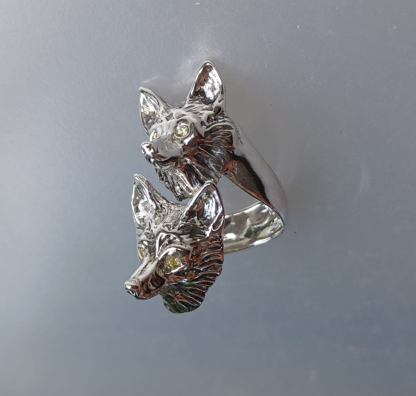 Foxes wrap ring adjustable from sizes 5,6,7,8,9 sterling silver Peridot stone eyes  Zimmer