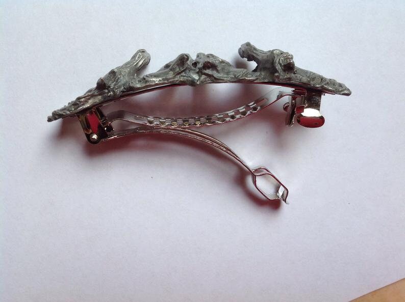 Driving horses with harness barrette  pewter hair or scarf clip. Forge Hill Sculpture Jewelry Zimmer