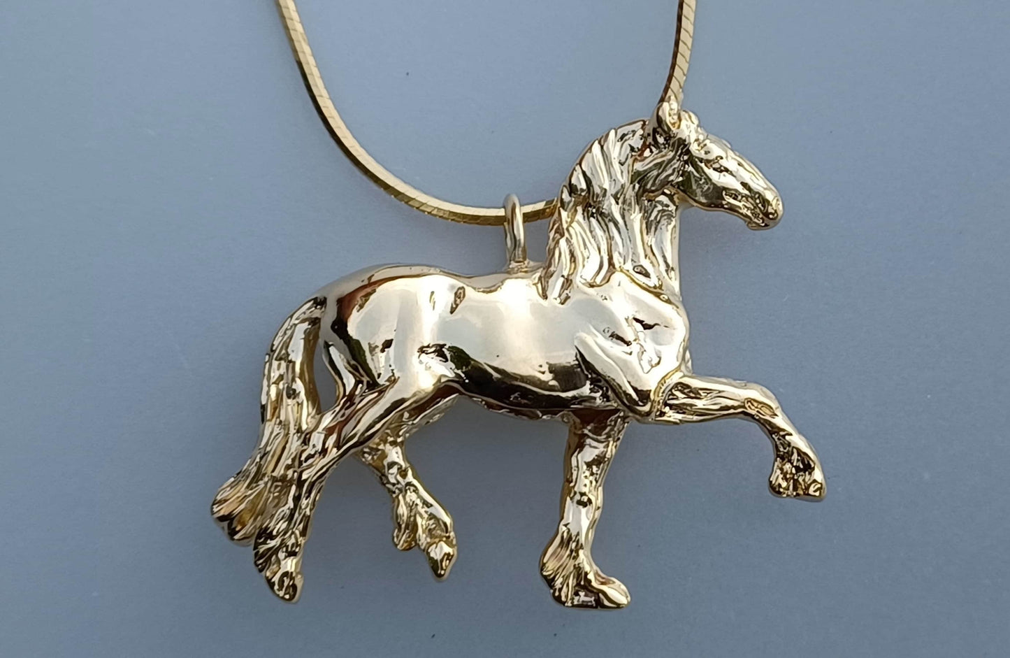 14ky Heavy Gold Plated Friesian pendant and chain. Beautiful sculptured horse jewelry.
