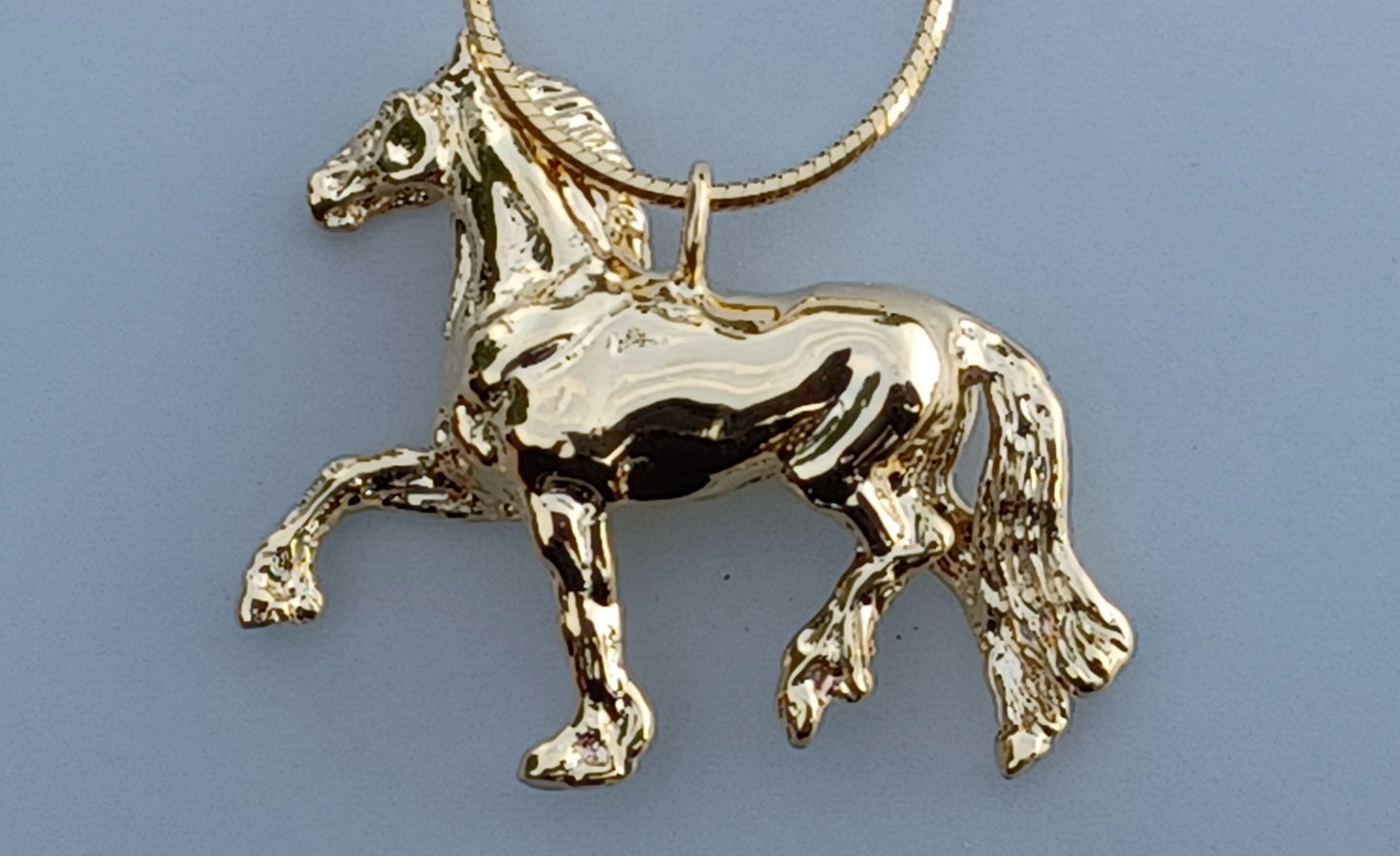 14ky Heavy Gold Plated Friesian pendant and chain. Beautiful sculptured horse jewelry.