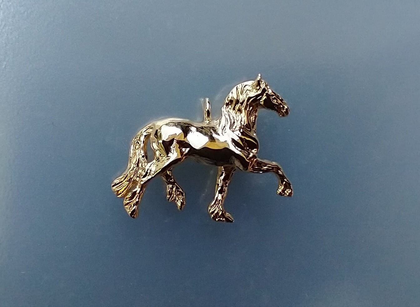 14ky Heavy Gold Plated Friesian pendant and chain. Beautiful sculptured horse jewelry.