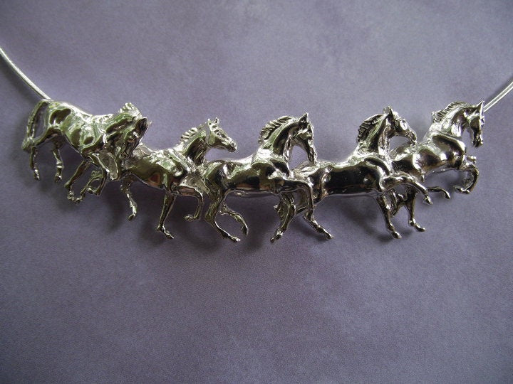 Sterling Silver Long Running Horses necklace Omega chain.  Signed Original. Zimmer equestrian jewelry