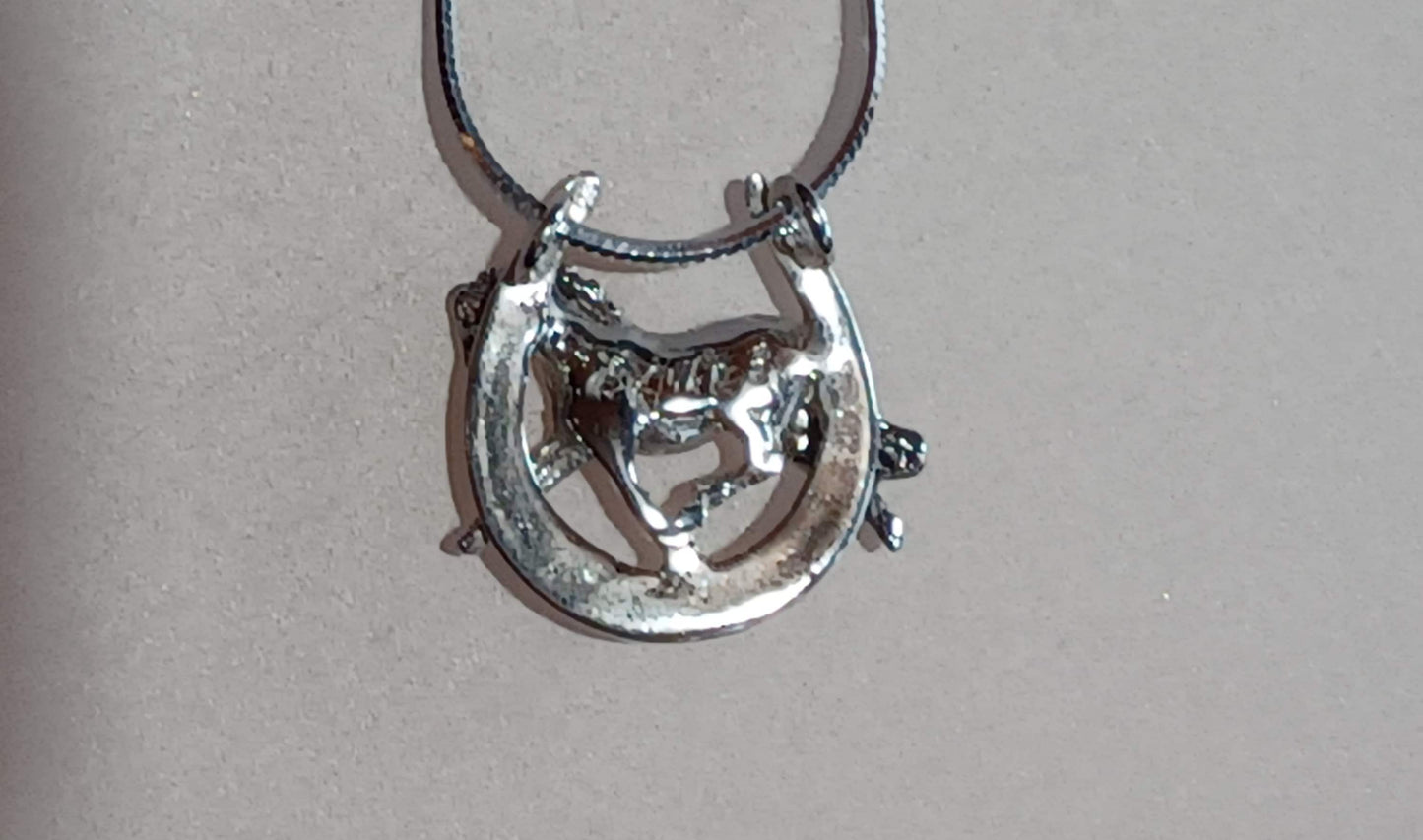 Trotting Horse in horseshoe  pendant & chain  sterling silver  Forge Hill Sculpture Zimmer jewelry