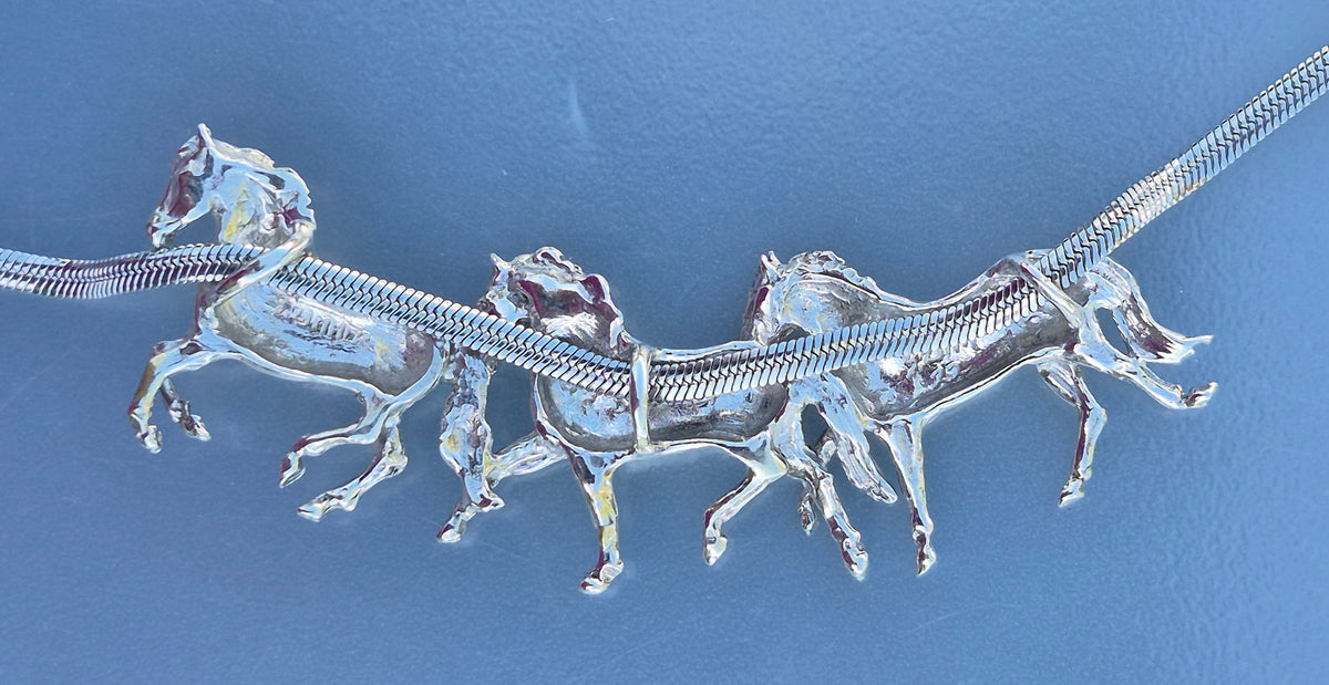 Artist original Sterling Silver Three Horse Slider Running Horses Necklace with stainless steel chainEquestrian Jewelry