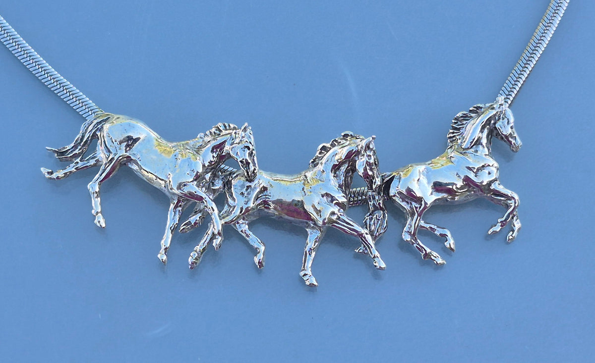Artist original Sterling Silver Three Horse Slider Running Horses Necklace with stainless steel chainEquestrian Jewelry