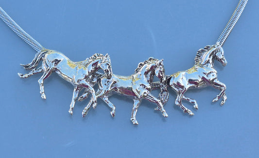 Artist original Sterling Silver Three Horse Slider Running Horses Necklace with stainless steel chainEquestrian Jewelry