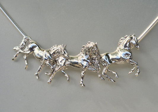 Artist original Three Horse Slider Running Horses Necklace Sterling Silver Equestrian Jewelry