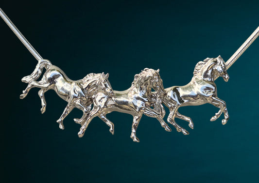 Artist original Three Horse Slider Running Horses Necklace Sterling Silver Equestrian Jewelry