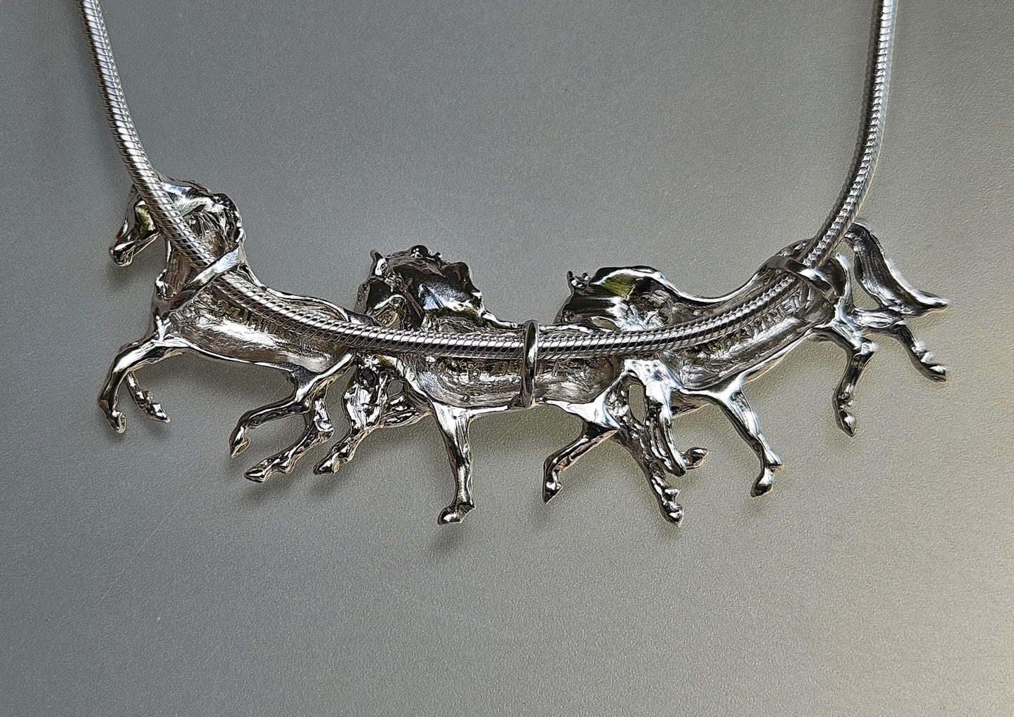 Three Horse Slider Necklace Pendant and chain. Realistically sculpted horse jewelry