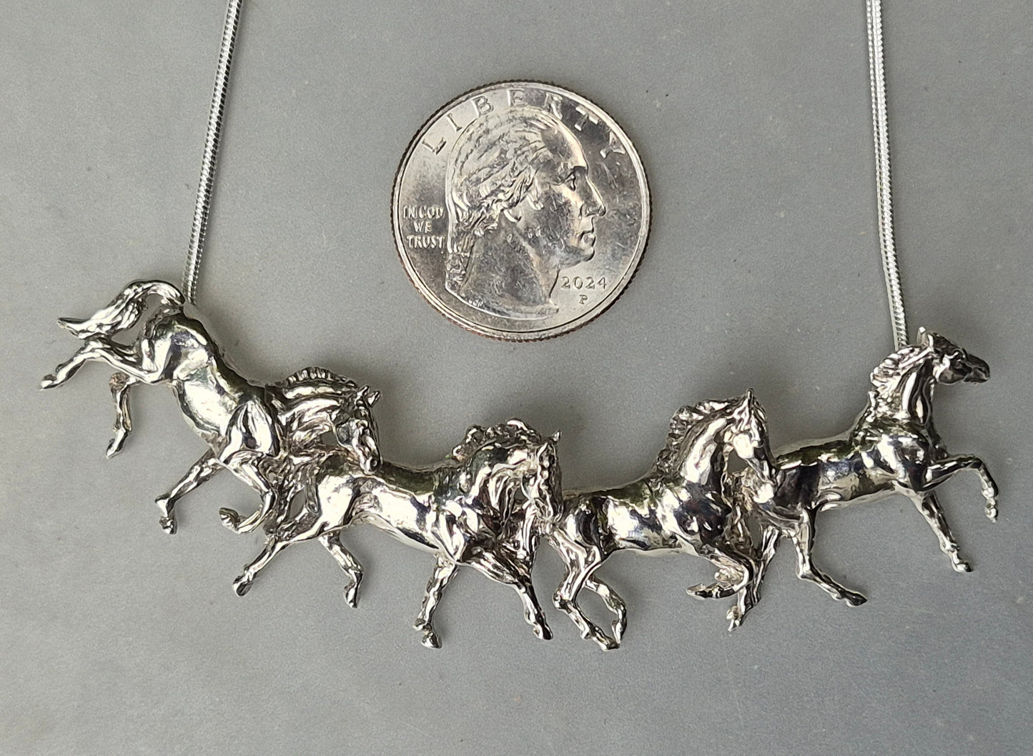 Four Horses Sterling Silver Slider Pendant and Chain Gorgeous Equestrian Jewelry