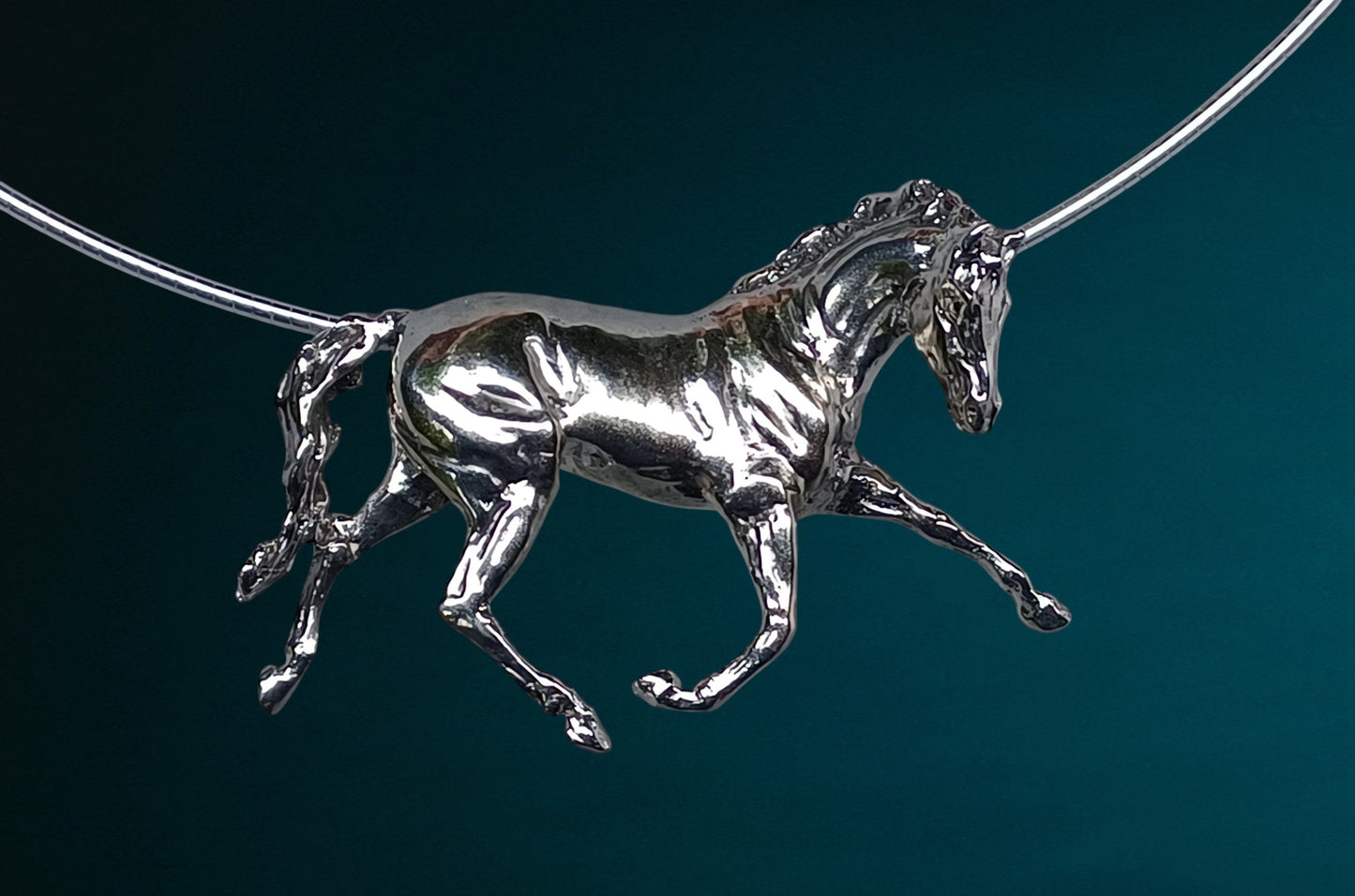 Equestrian Jewelry Extra Large Trotting Horse Sculptural pendant and chain REALISTICALLY DESIGNED HORSE THEMED JEWELRY