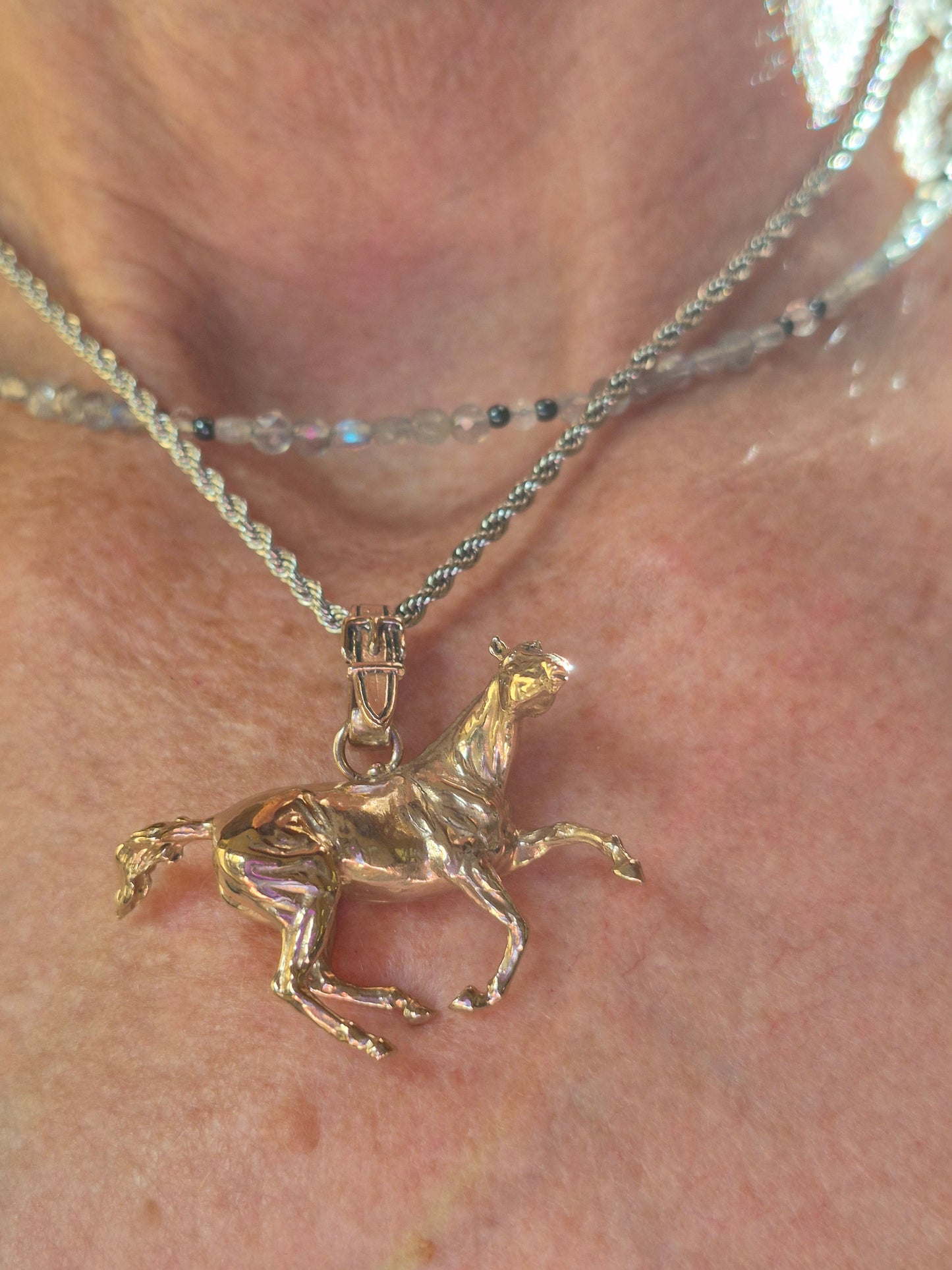 Large Bronze Galloping Horse and buckle bail Pendant and Stainless Steel Chain