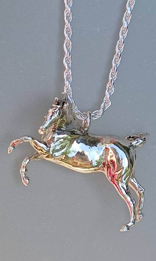 Rearing Twisting Horse Pendant Large Solid Sterling Silver, Fancy chain. Zimmer Equestrian Jewelry