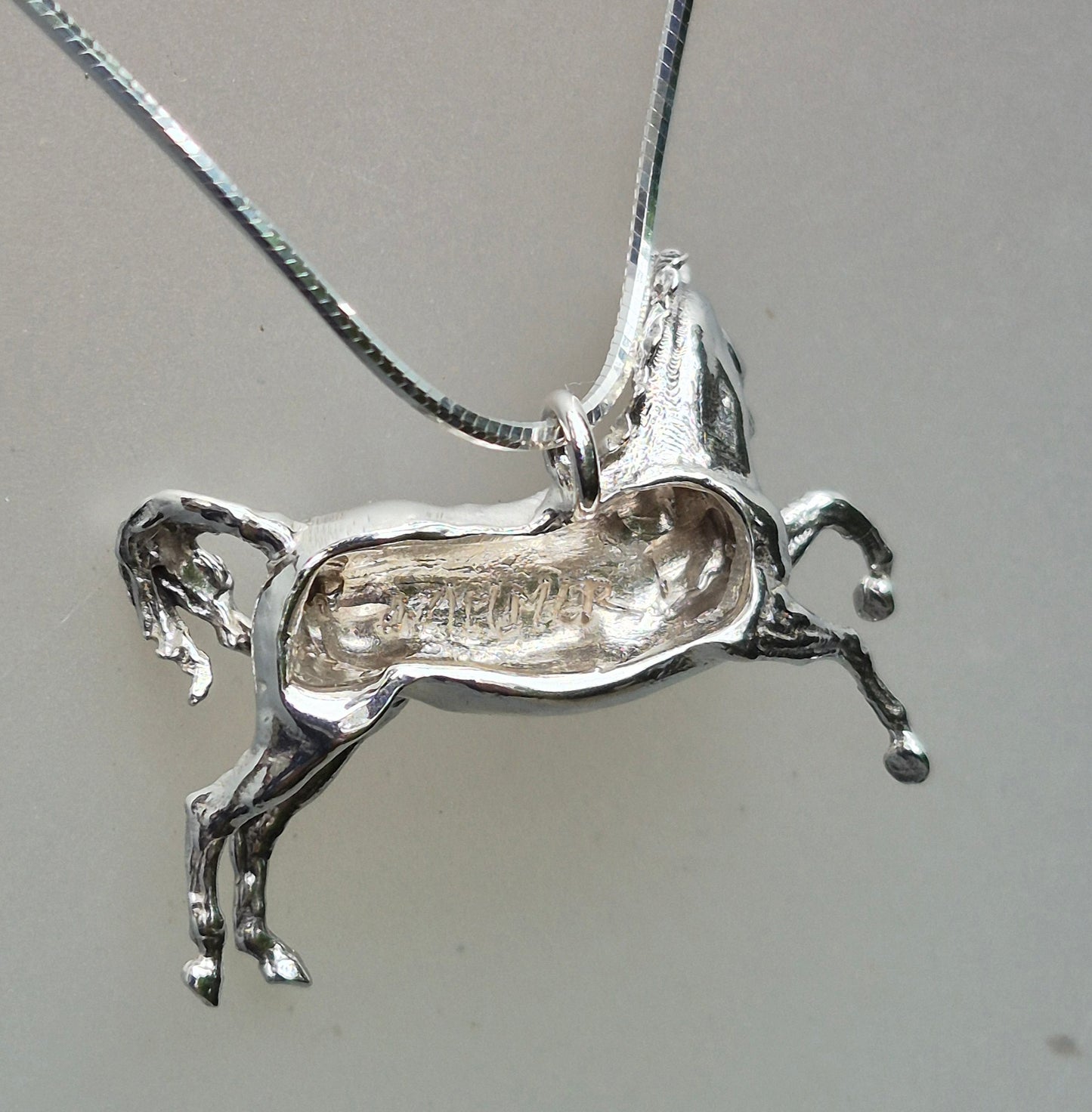 Rearing Twisting Horse Pendant Large Solid Sterling Silver, Fancy chain. Zimmer Equestrian Jewelry