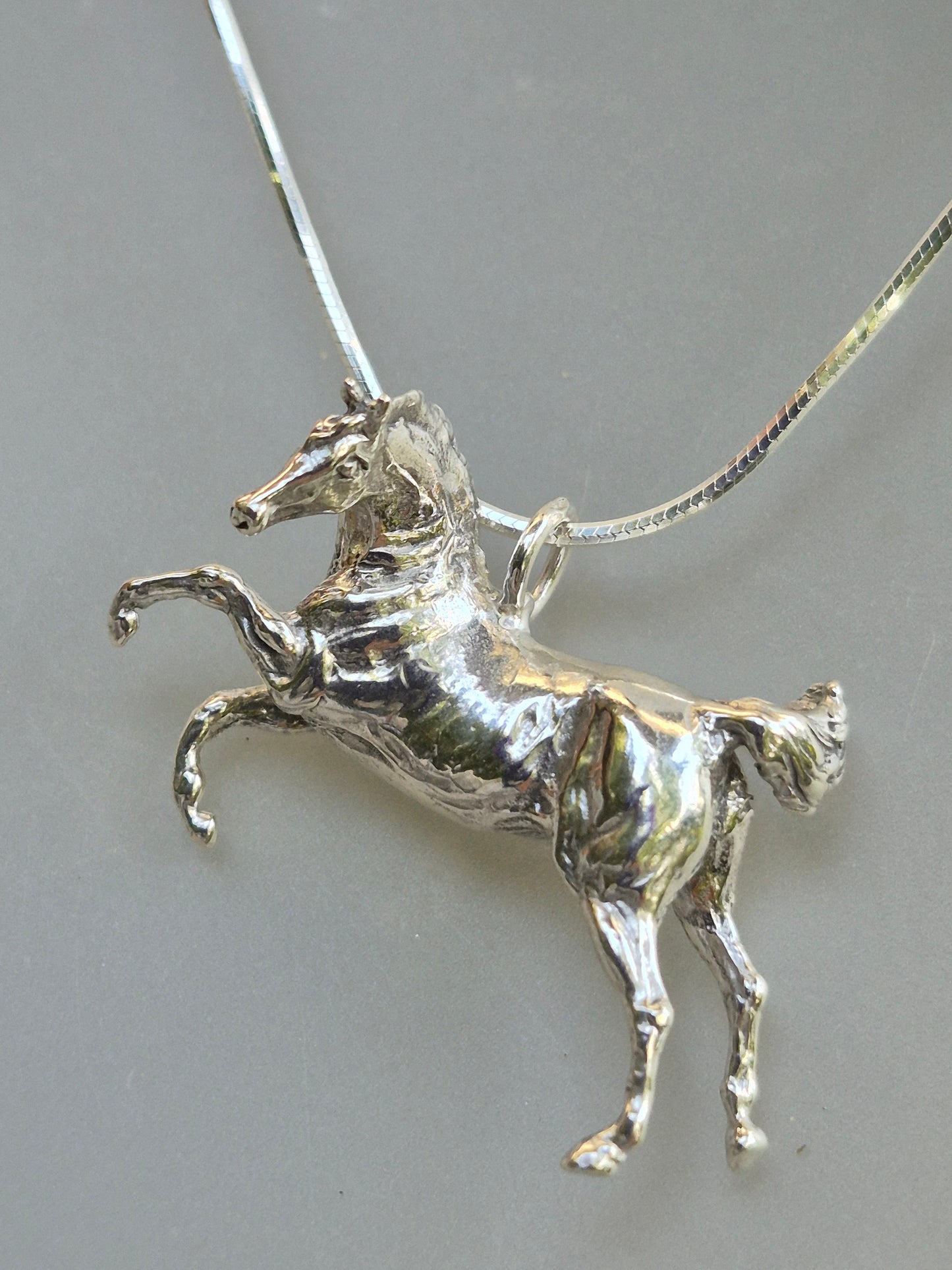 Rearing Twisting Horse Pendant Large Solid Sterling Silver, Fancy chain. Zimmer Equestrian Jewelry
