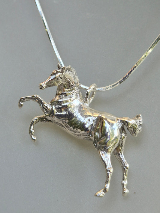 Rearing Twisting Horse Pendant Large Solid Sterling Silver, Fancy chain. Zimmer Equestrian Jewelry