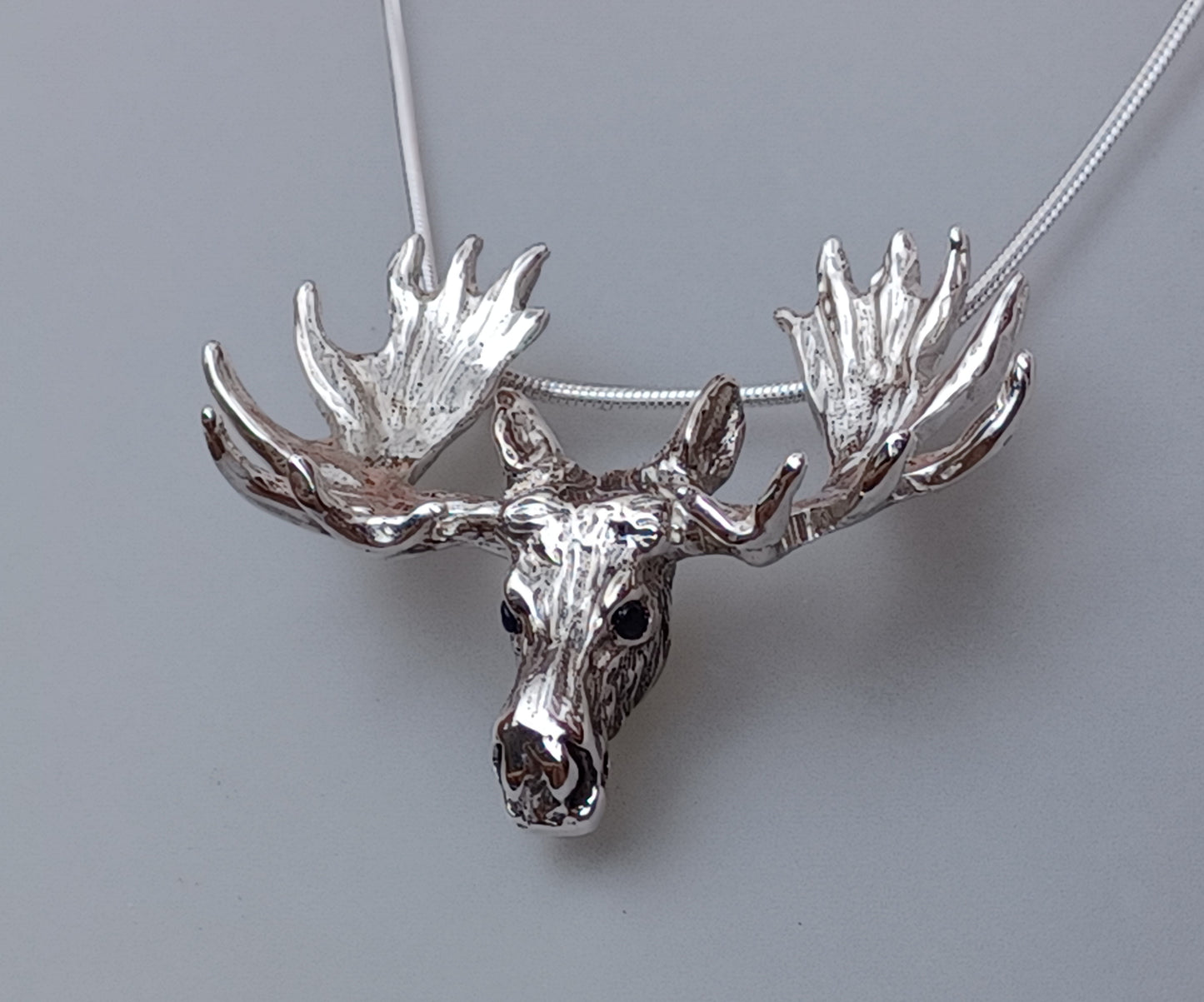 Impressive Moose Pendant and Chain Sterling Silver Necklace Sapphire Eyes