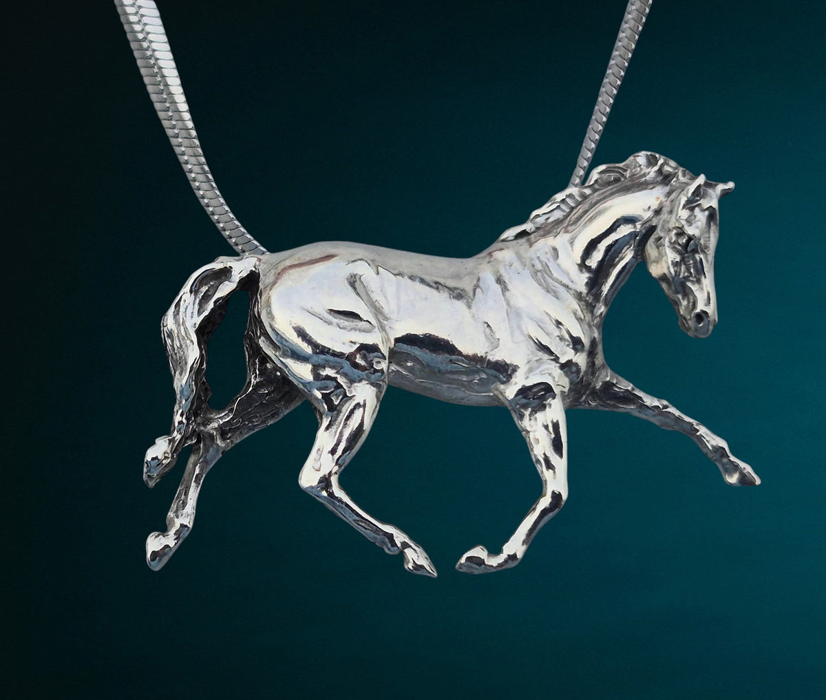 Equestrian Jewelry Extra Large Trotting Horse Sculptural Sterling Silver pendant and Stainless Steel chain REALISTICALLY DESIGNED HORSE THEMED JEWELRY (Copy)