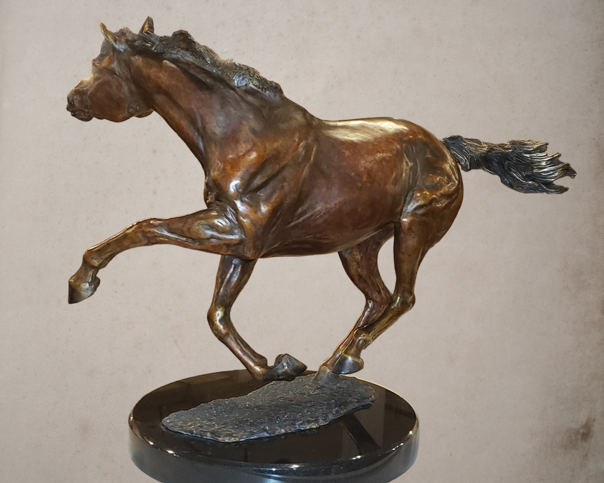 Bronze Horse Sculpture AVAILABLE NOW.  Sculpture edition, first casting 1/5 of "Unhinged". 17" tall. Beverly Zimmer Forge Hill Sculpture
