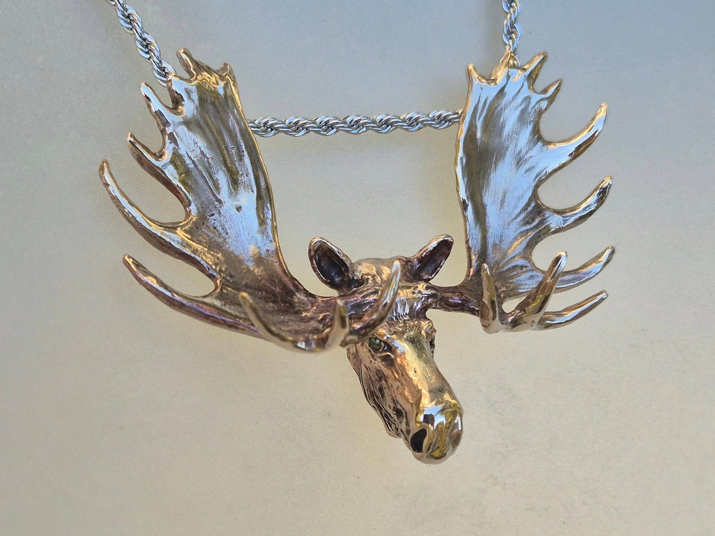 Huge Moose Bronze Pendant and Stainless Steel chain. Impressive statement piece.  Signed.