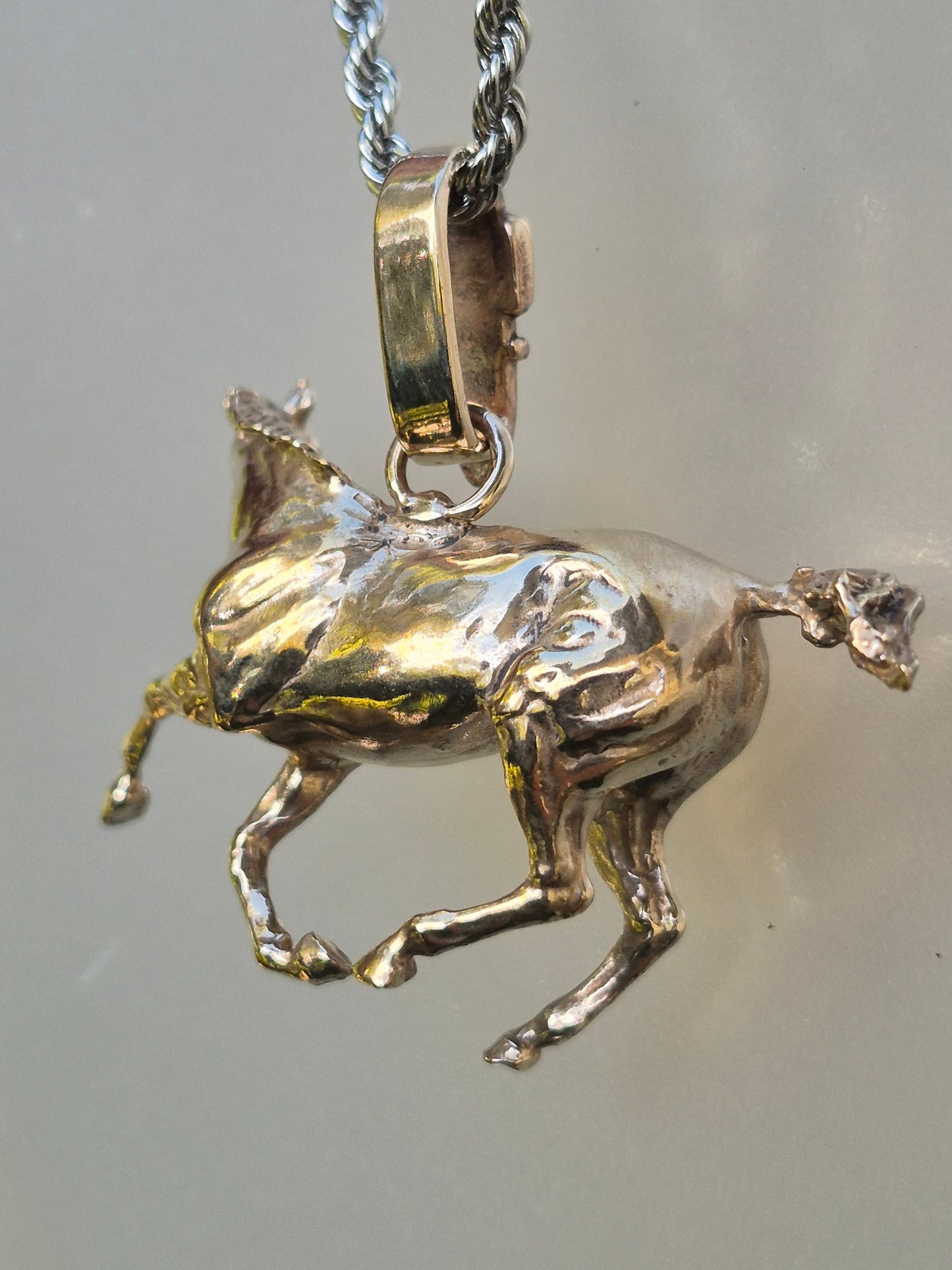 Large Bronze Galloping Horse and buckle bail Pendant and Stainless Steel Chain