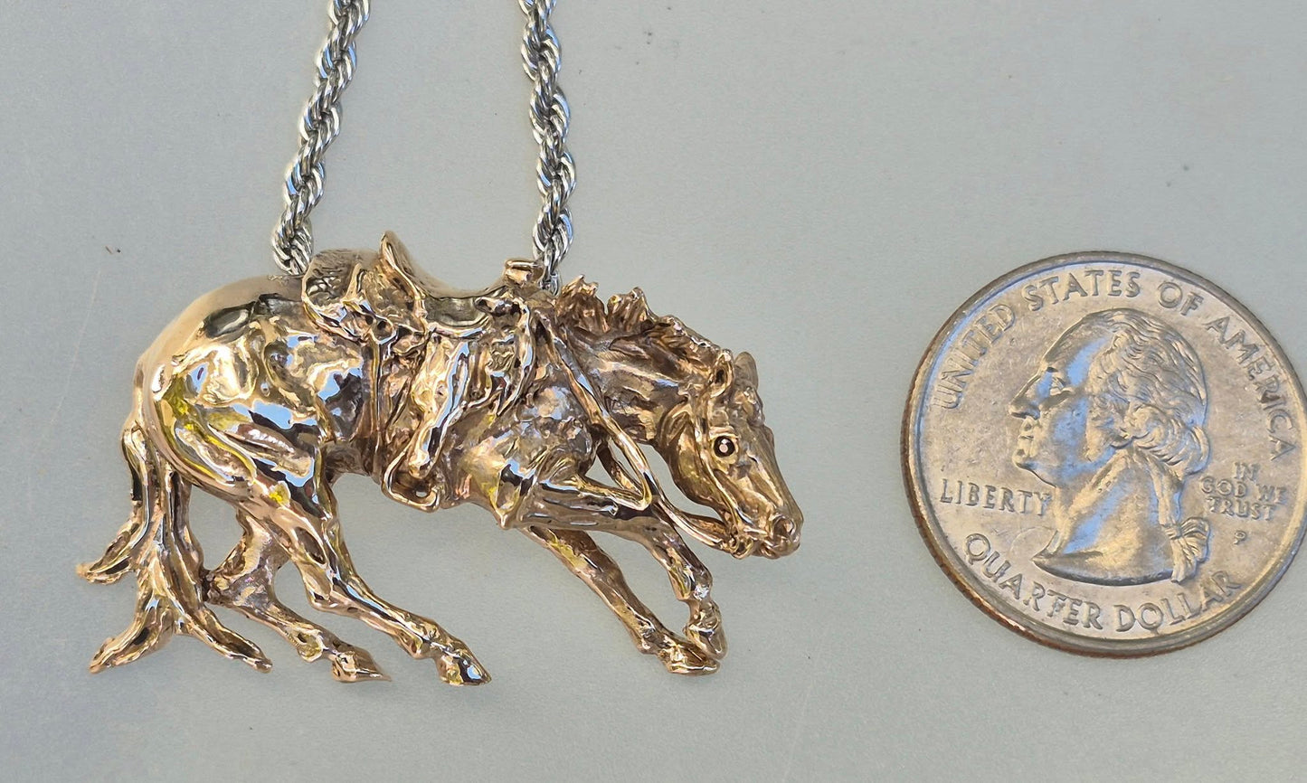 Cutting Horse with Western Saddle, stone set eyes cast in bronze, stainless steel chain