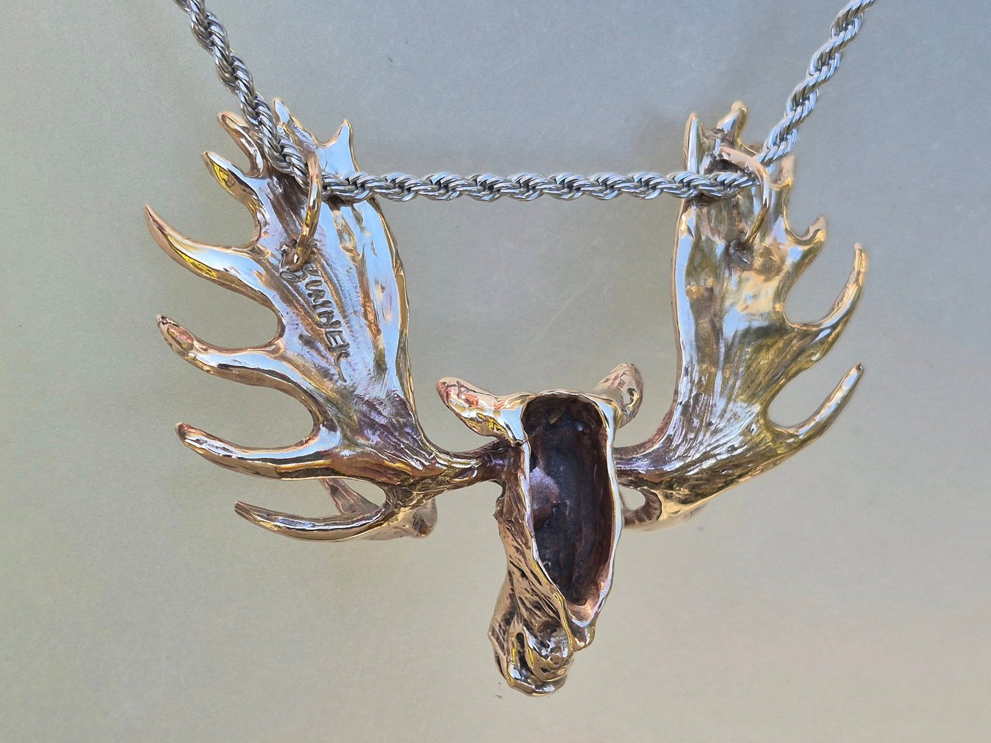 Huge Moose Bronze Pendant and Stainless Steel chain. Impressive statement piece.  Signed.