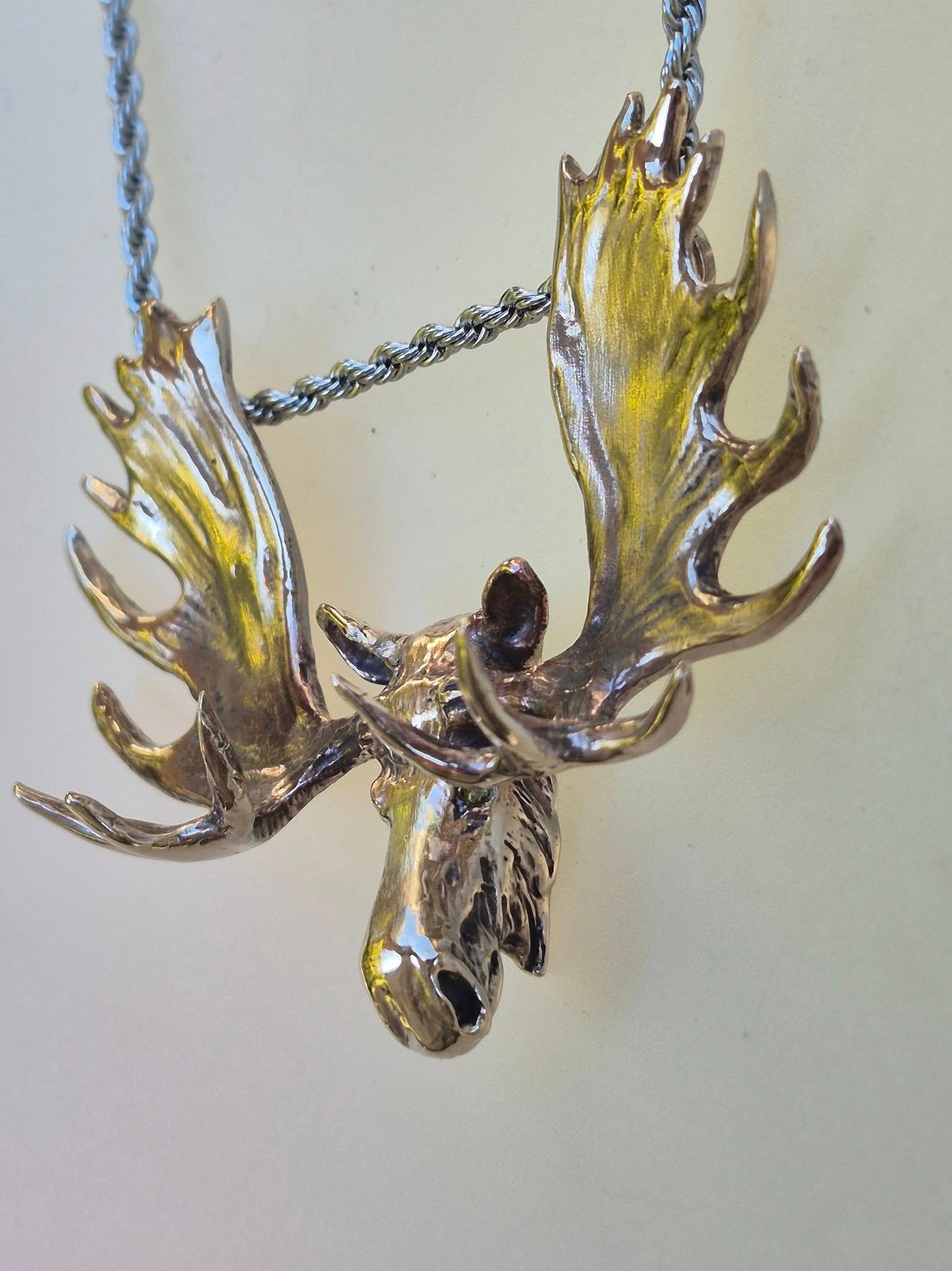 Huge Moose Bronze Pendant and Stainless Steel chain. Impressive statement piece.  Signed.