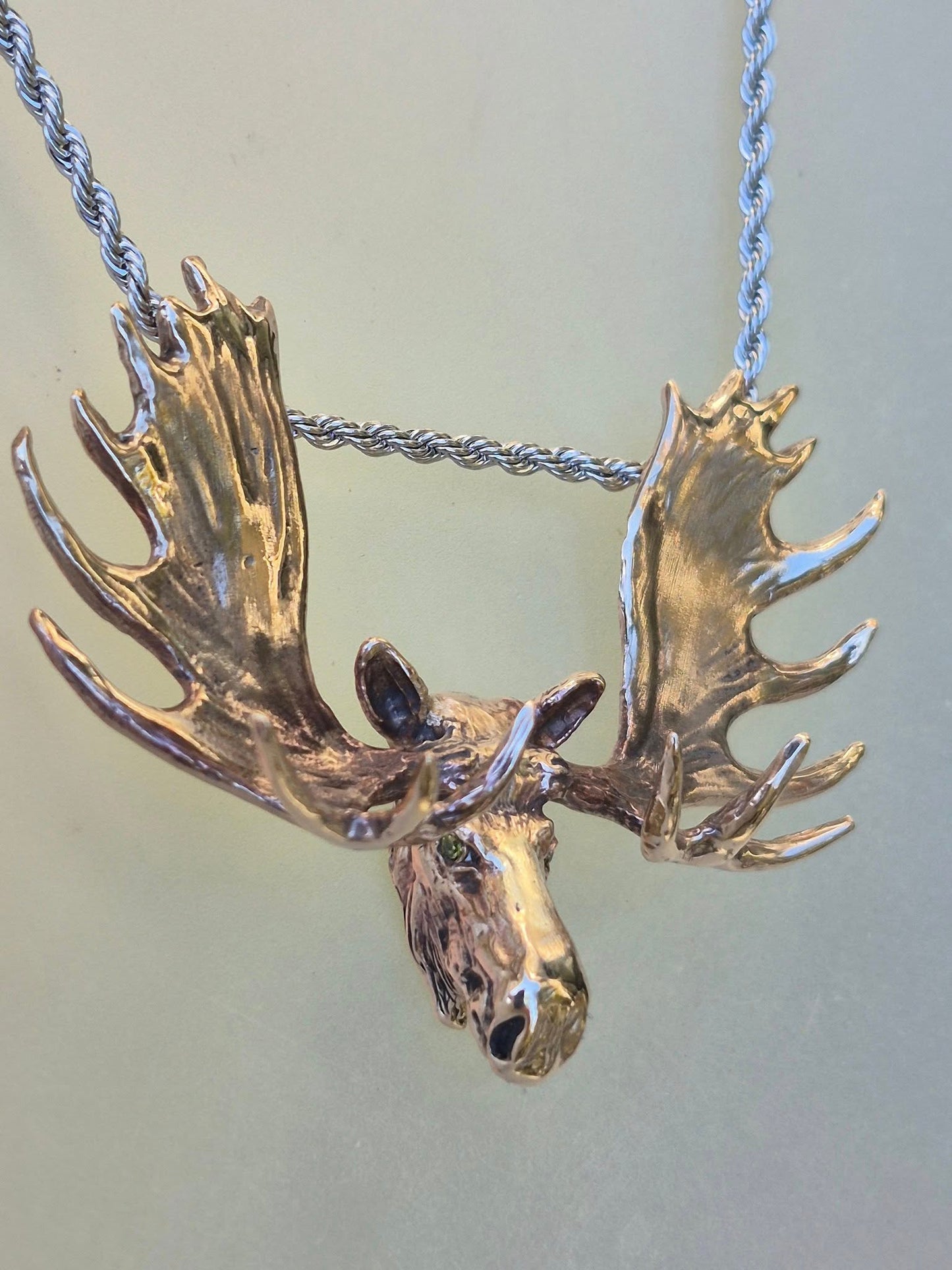 Huge Moose Bronze Pendant and Stainless Steel chain. Impressive statement piece.  Signed.