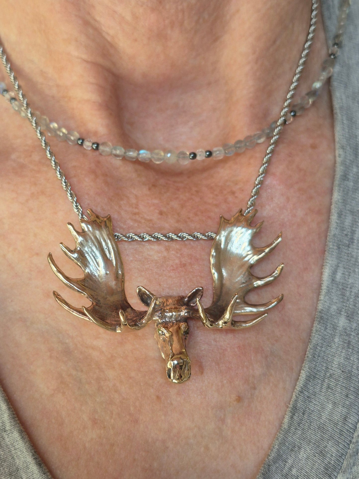 Huge Moose Bronze Pendant and Stainless Steel chain. Impressive statement piece.  Signed.
