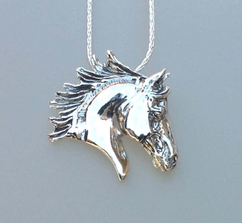 Large Sterling Silver Horse Head Pendant and Chain, Equestrian Jewelry