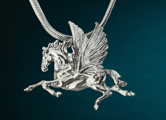 Pegasus Sterling silver pendant and stainless steel chain.