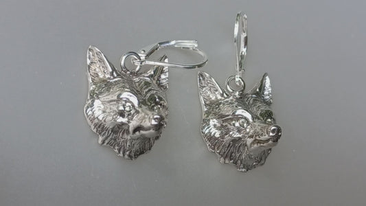 Fox earrings Sterling Silver with stone set eyes. lever Back ear wires. Signed by Artist