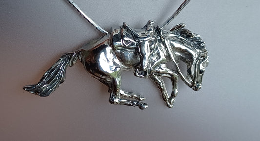 Reining Horse Necklace Sterling Silver pendant and chain, Onyx stone eyes  Zimmer horse jewelry