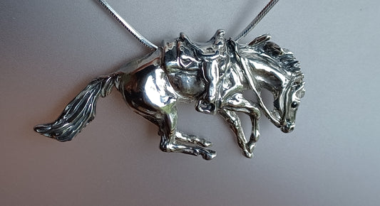Reining Horse Necklace Sterling Silver XL pendant and chain, stone eyes  Zimmer horse jewelry